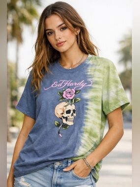 Ed Hardy Blue & Green Tie-Dye Skull and Rose Graphic Tee